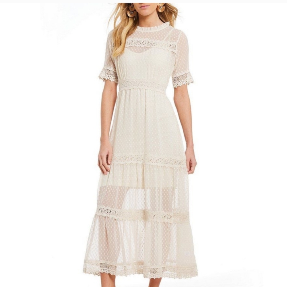 Chelsea& Violet Ivory Embroidered Lace Swiss Dot Maxi Dress Sz S